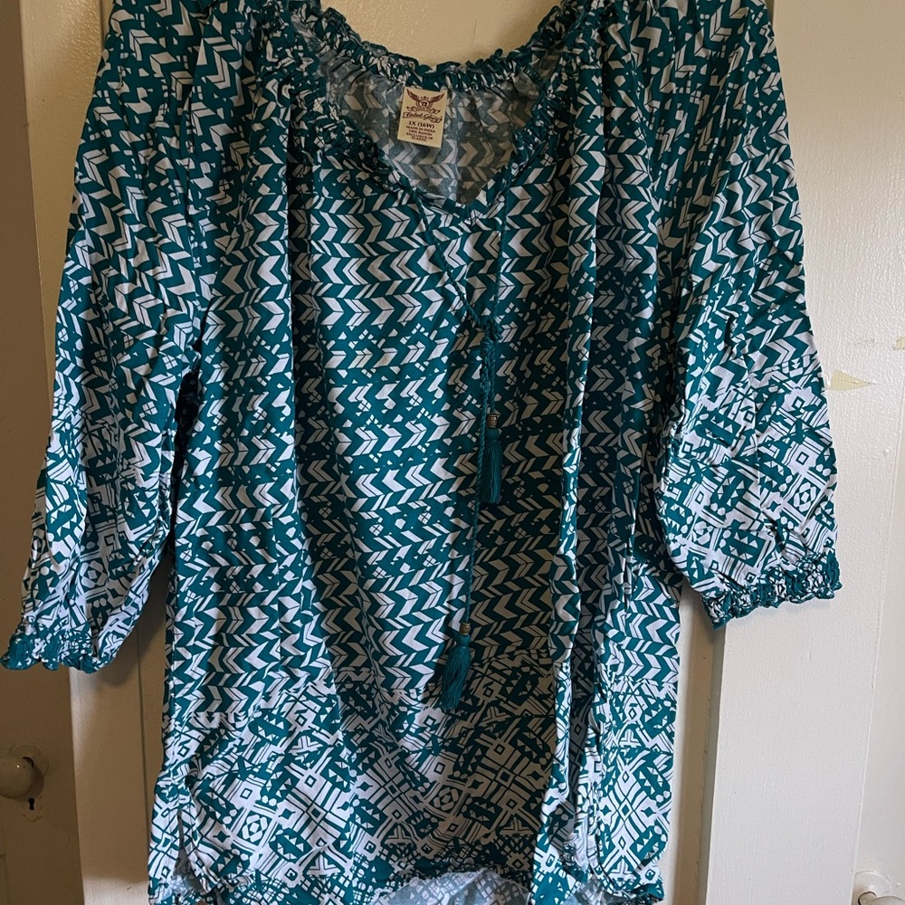 Teal and White Patterned Blouse